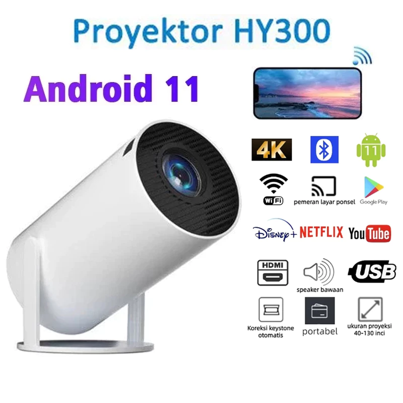 HY300 Proyektor Android 11.0 Wifi 6 Bluetooth 5.0 1GB+8GB Smart Projector 1080P HD Portable Home Theater TV