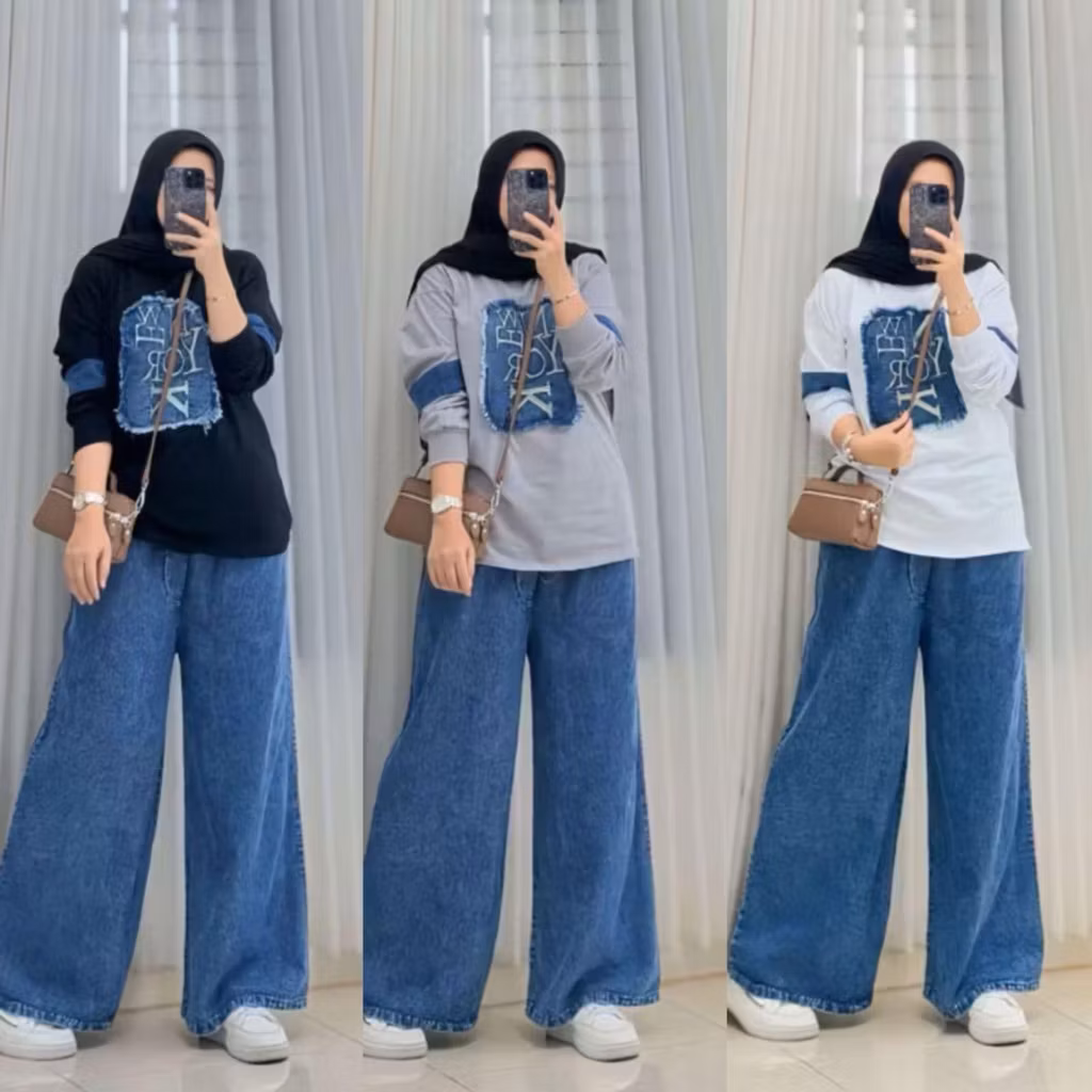 set celana kulot NY kaos combad mix jeans terbaru by jevani