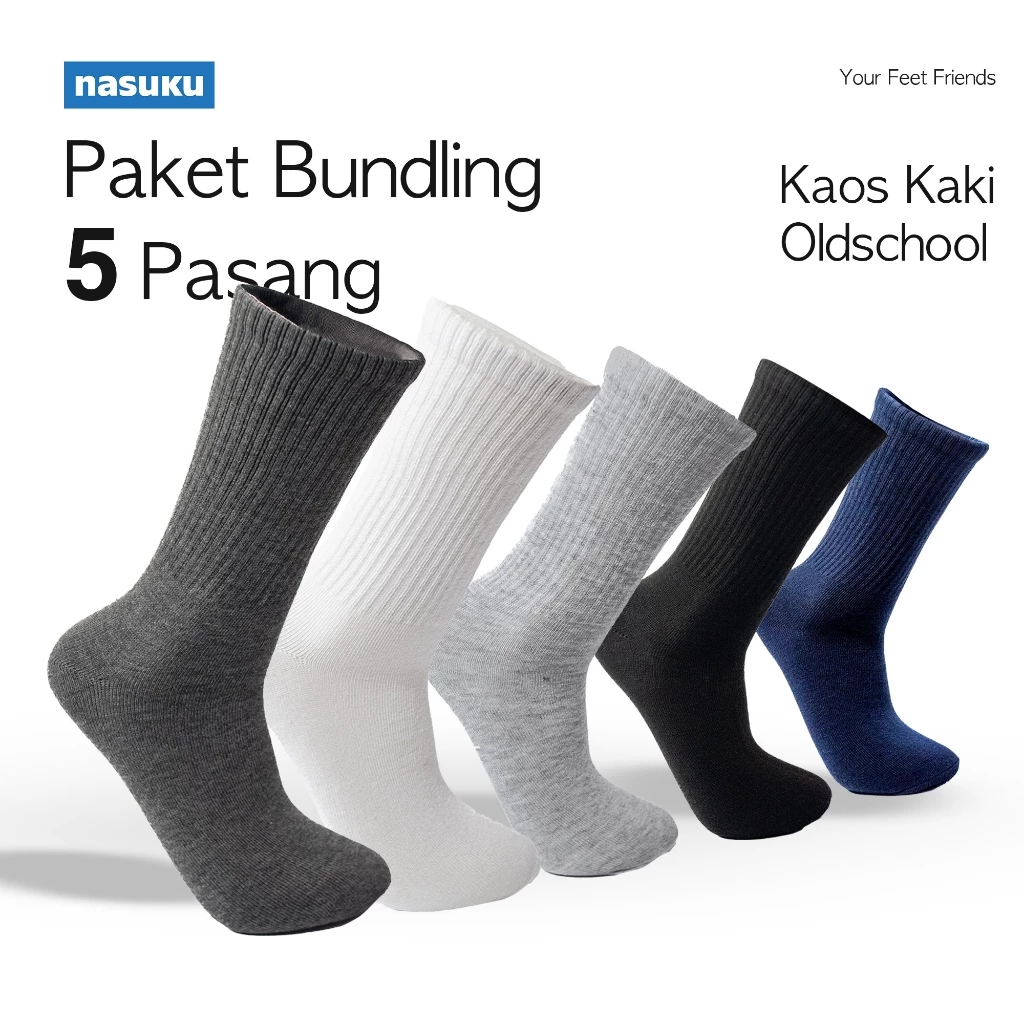 Nasuku - Paket 5 Pasang Kaos Kaki Oldshool - Paket Bundling Kaos Kaki Polos - 5 Pasang Kaos Kaki