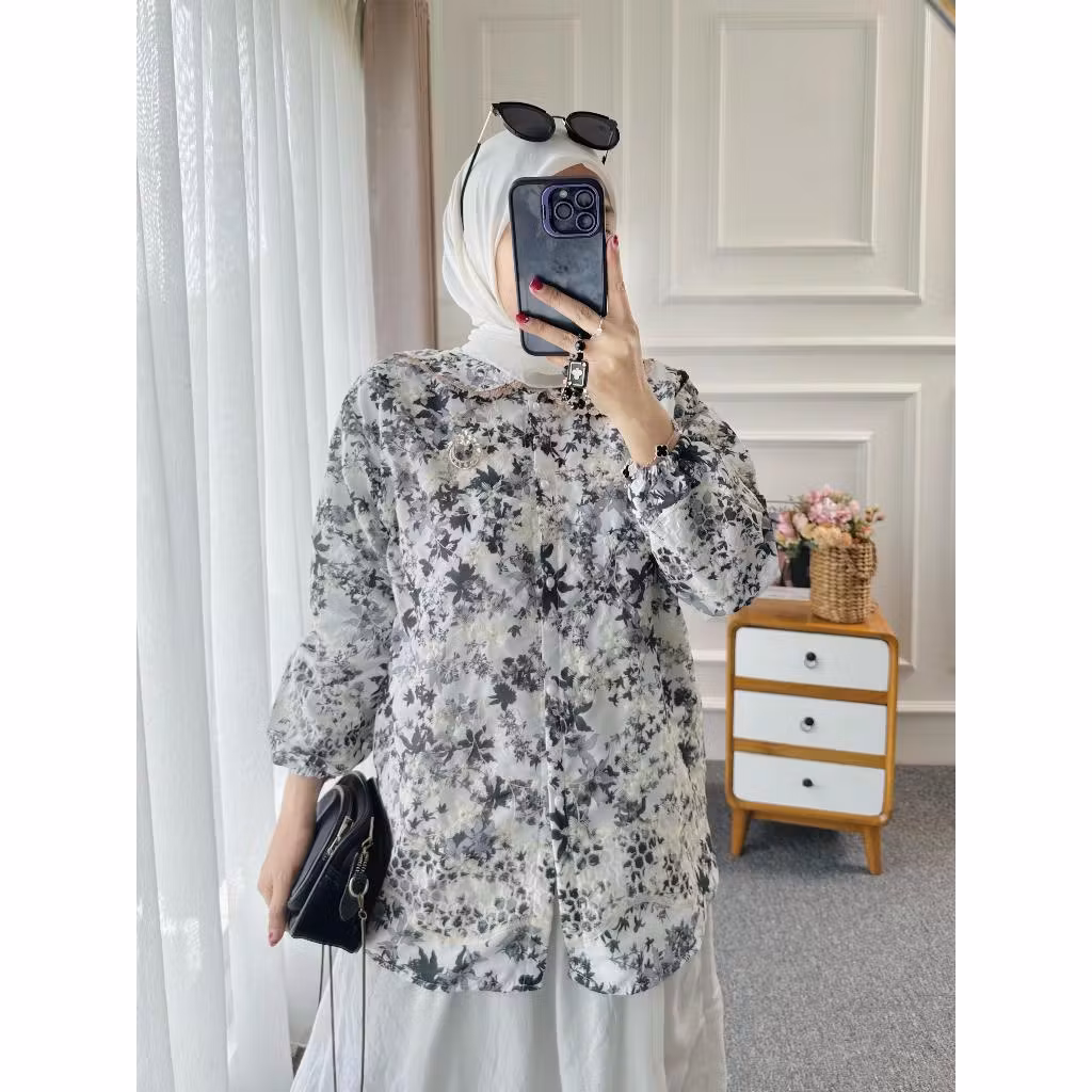 Kiara Blouse Bodir Katbol Premium BKK Atasan Wanita Embroidery Kerah Mutiara Lengan Kerut