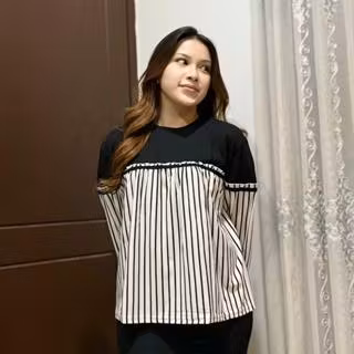 ZEEROKS Baju Wanita Lengan Panjang kominasi salur Atasan Bahan Cotton Combed