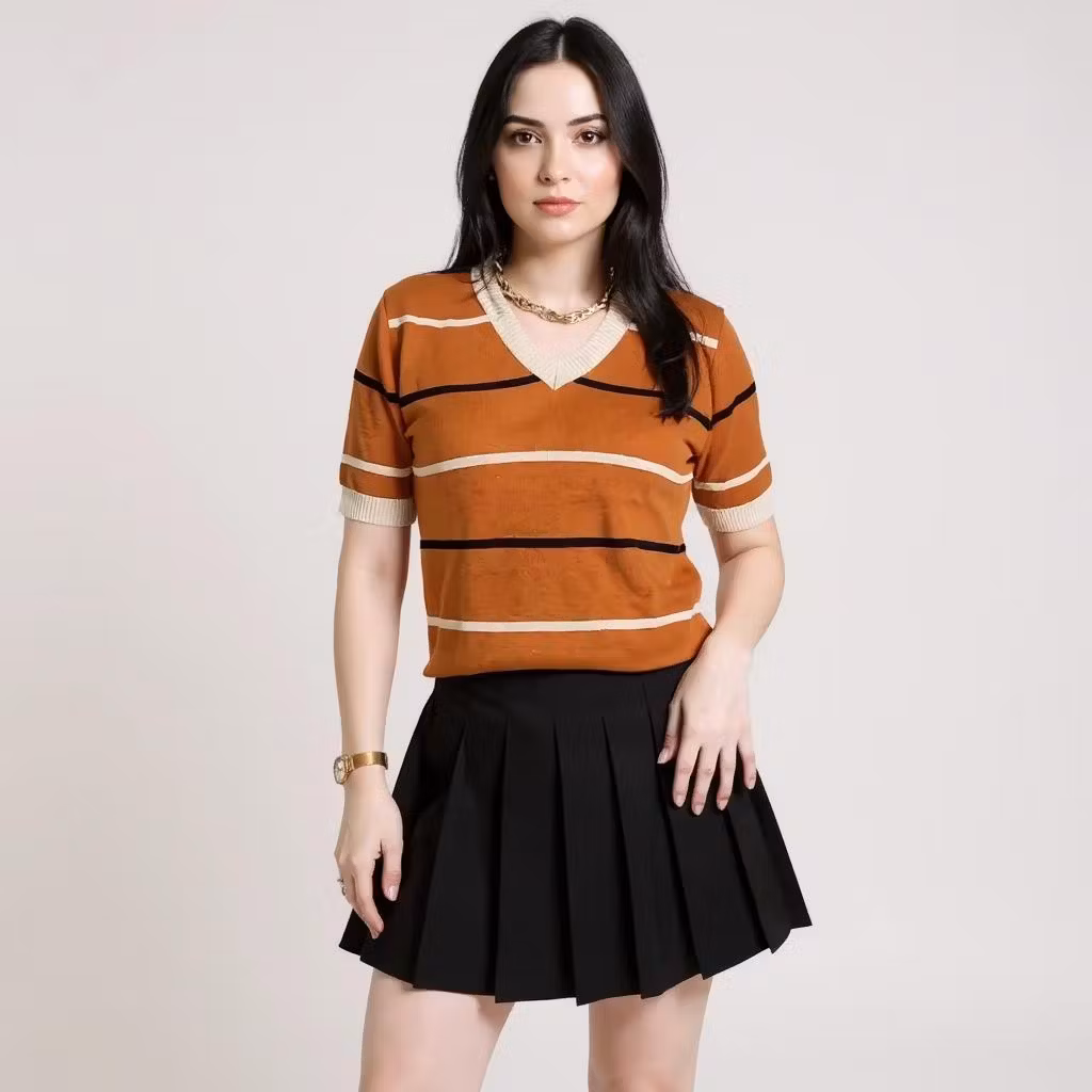 Tanny Stripe V Shortsleeve Knit Top | Atasan Blouse Kaos Rajut Wanita Motif Salur Lengan Pendek Kore