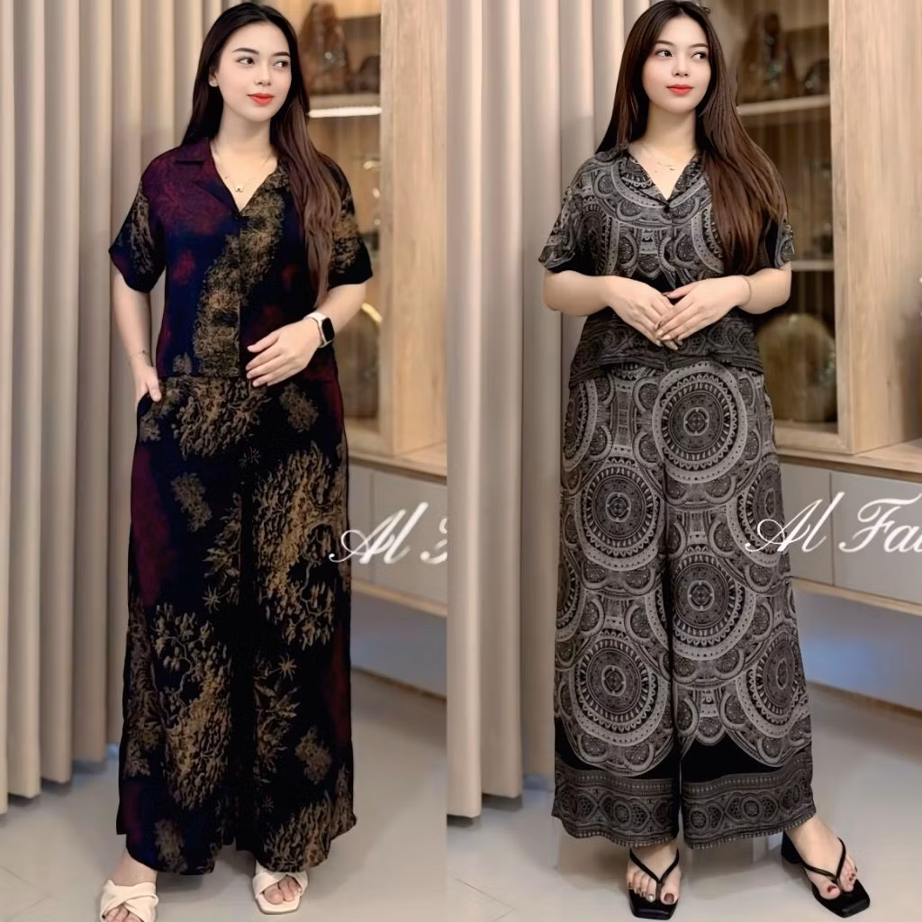 One Set Crop Setelan Celana Kulot Bunga-Bunga Rayon