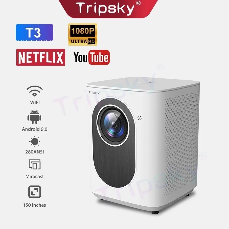 Tripsky Proyektor Android T3 280ANSI Lumens HD WiFi Dual band LCD Display Smart Projector