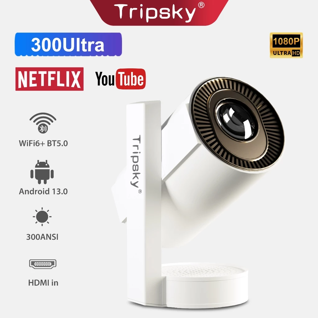 Tripsky 300Ultra Proyektor Android 13.0 OS LCD Display Built in Speaker Portable Smart Projector