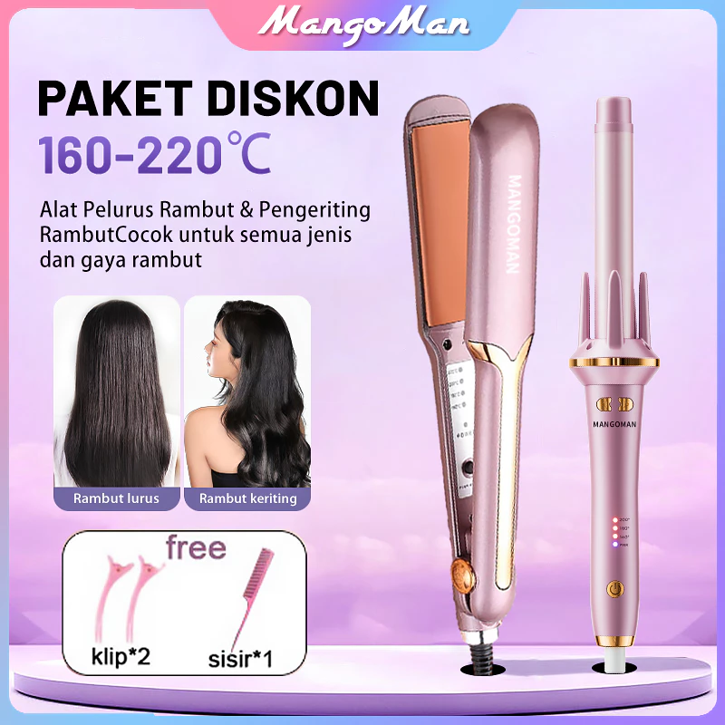 [Paket kombinasi] MANGOMAN 2in1 Catokan dan Pengeriting Rambut Otomatis dengan Pelurusan Ion Negatif