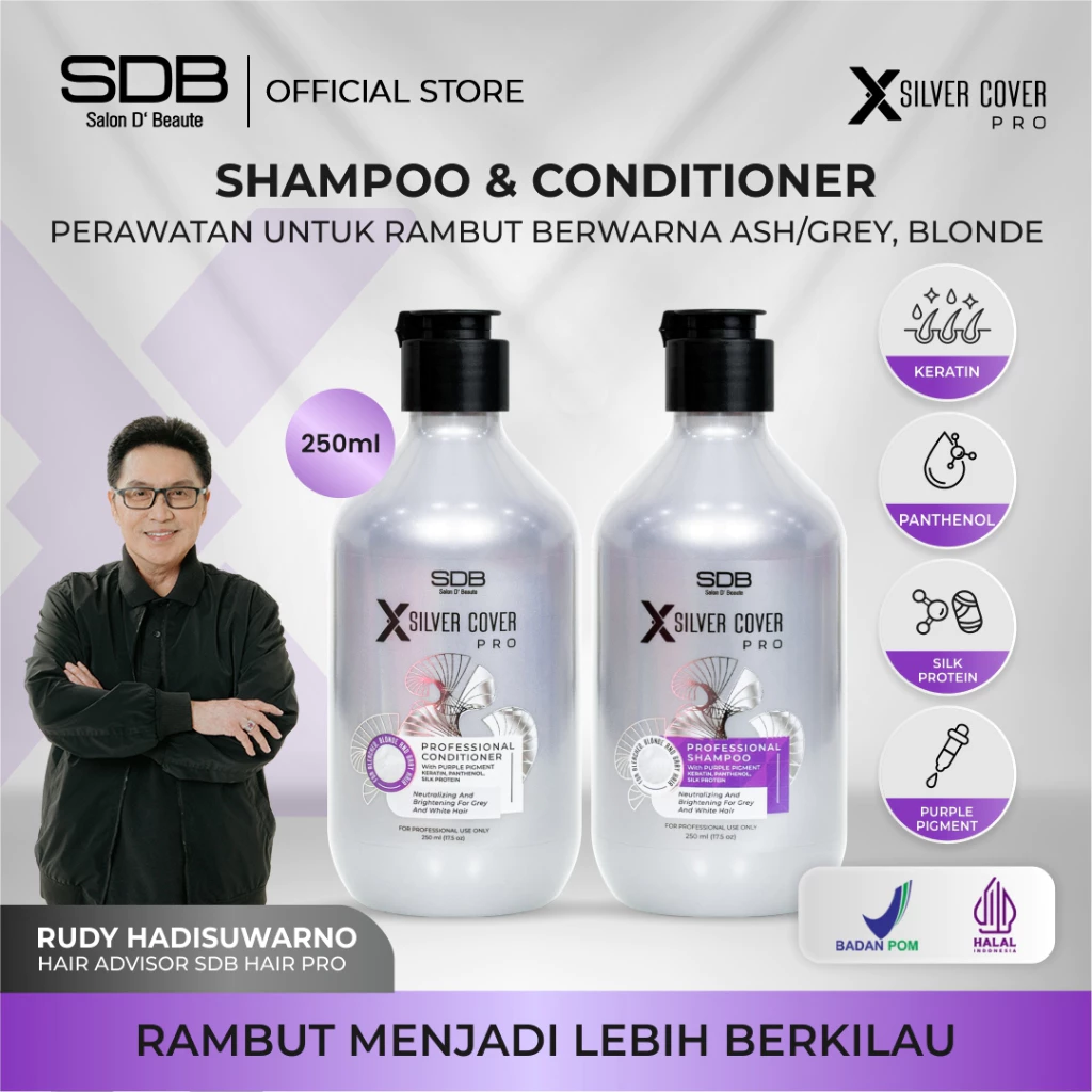 SDB X Silver Cover Pro Shampoo & Conditioner 250ml with Keratin, Pathenol, Silk Protein |  Perawatan khusus rambut setelah bleaching, rambut berwarna ash/ grey dan blonde | Kandungan purple pigment netralkan warna kuning pada undercoat saat bleaching