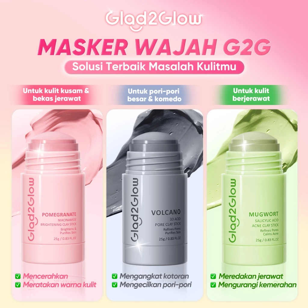 Glad2Glow Pomegranate Niacinamide Brightening Clay Stick Mugwort Acne Clay Mask Stick Masker Wajah Face Cleansing Green Mask Stick Salicylic Acid Anti Pores&Acne Jerawat Komedo Cleansing Masker 25g | Volcano Clay Mask Mud Mask Facial Mask Wash Off