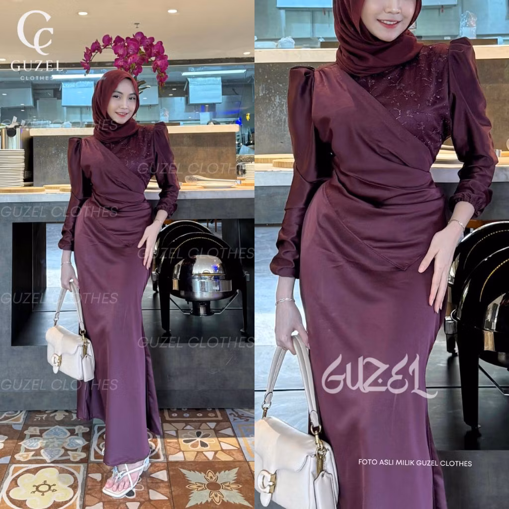 Elisa Dress Brukat by Guzel Satin Silk Premium Wanita Kondangan Muslim Body Fit Viral  Mermaid 2025