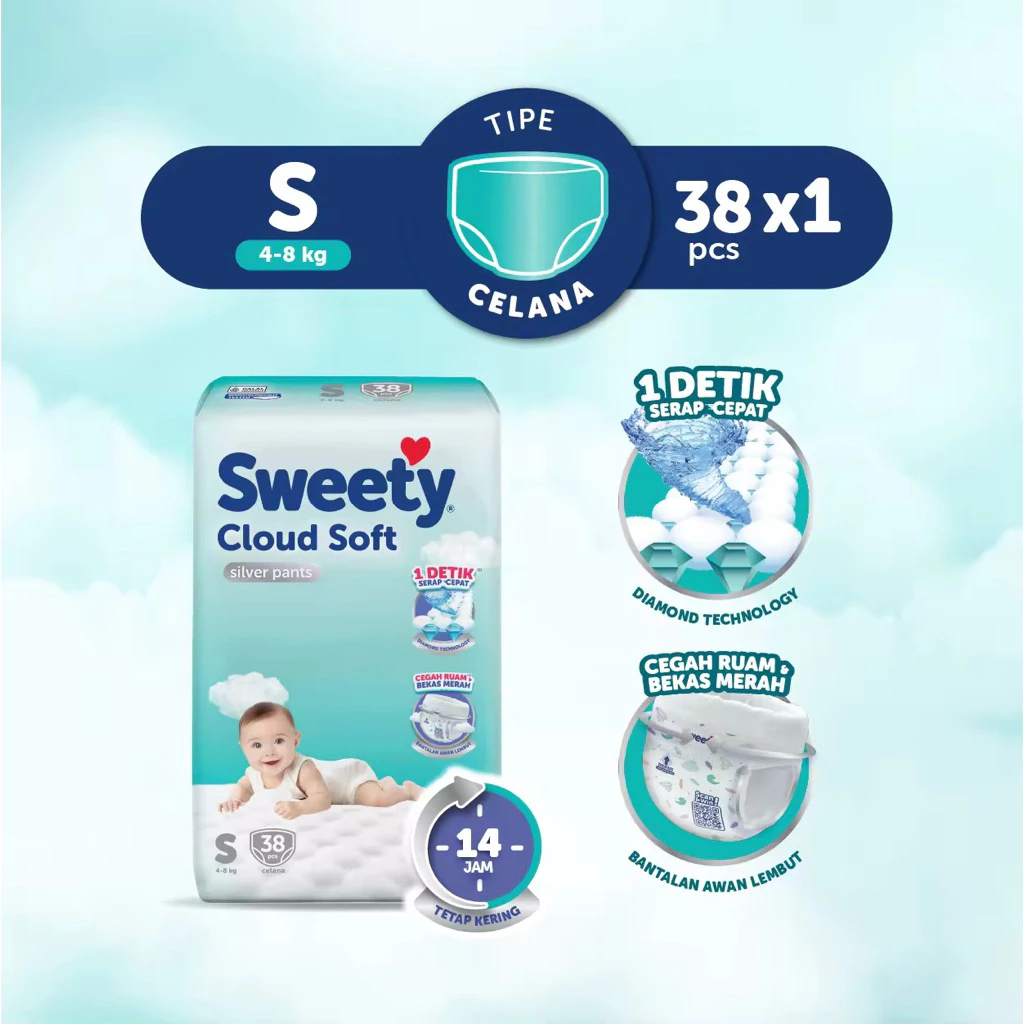 SWEETY SILVER Pant Pants Popok S38 Cloud Soft Celana Sekali Pakai Diaper Baby Bayi Diapers S 38 S36 36 Promo Original Murah Termurah Big Pack Comfort Extra Serap Grosir Air Ibu Anak Premium