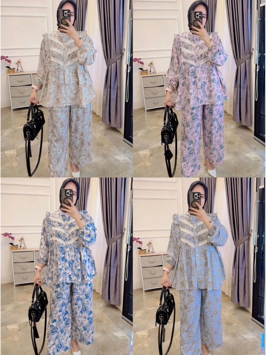 LAVESHA One Set Setelan Celana Atasan Blouse Wanita Coquette Aesthetic Casual Korean Style Pastel
