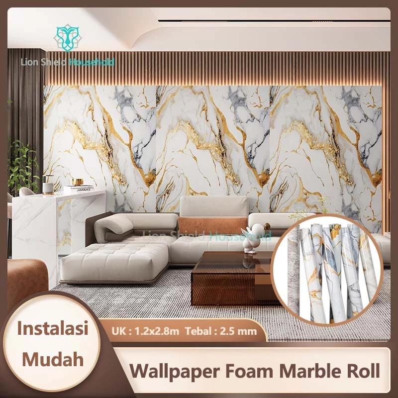 Wallpaper dinding Vinyl Marble 1.2 x 2.8 Meter Tebal 2.5mm / Wallpaper Dinding Motif Vinyl Marble Foam Roll Sticker Kamar Dekorasi PET 120 x 280cm