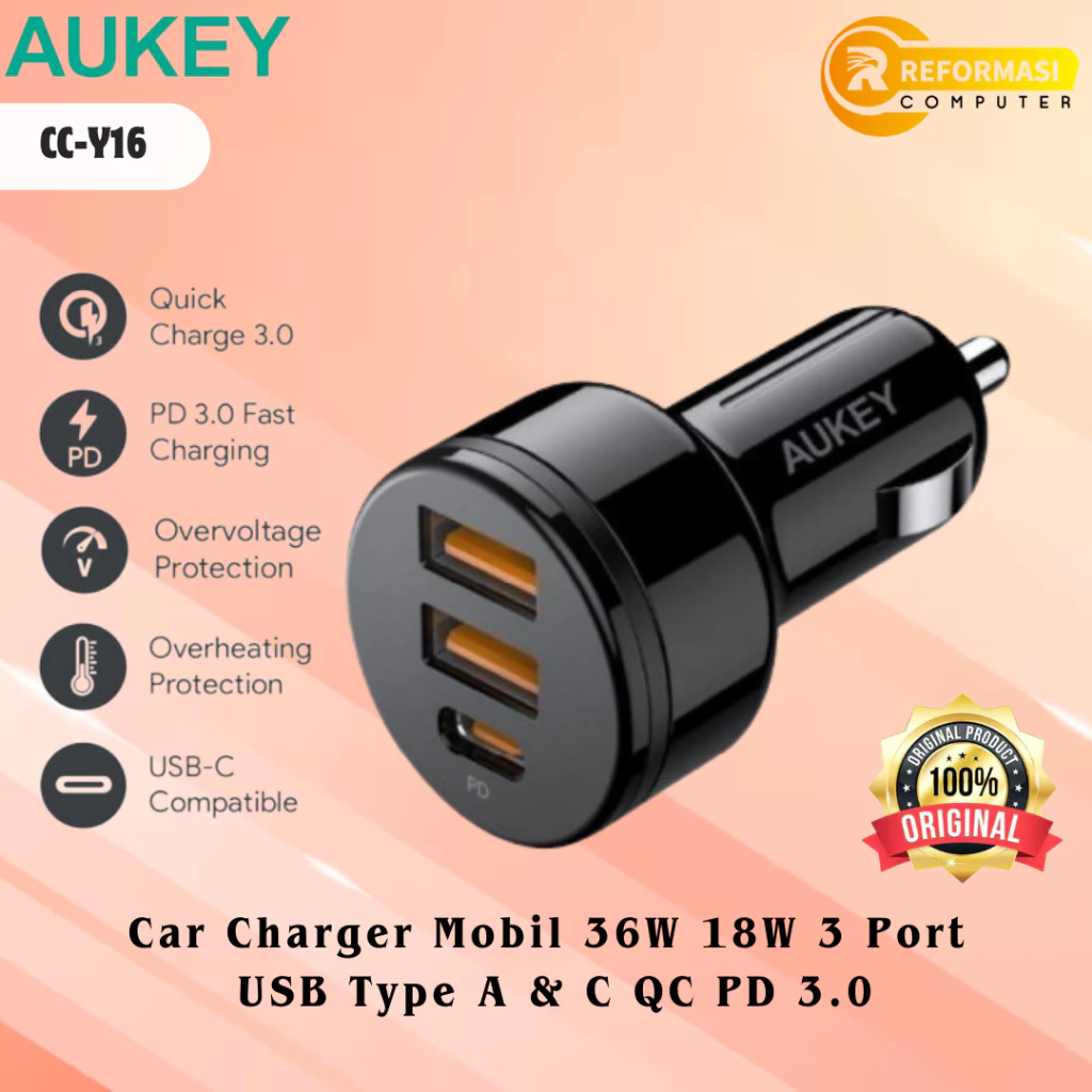 Aukey Car Charger Mobil CC-Y16 36W 18W 3 Port USB Type A & C QC PD 3.0