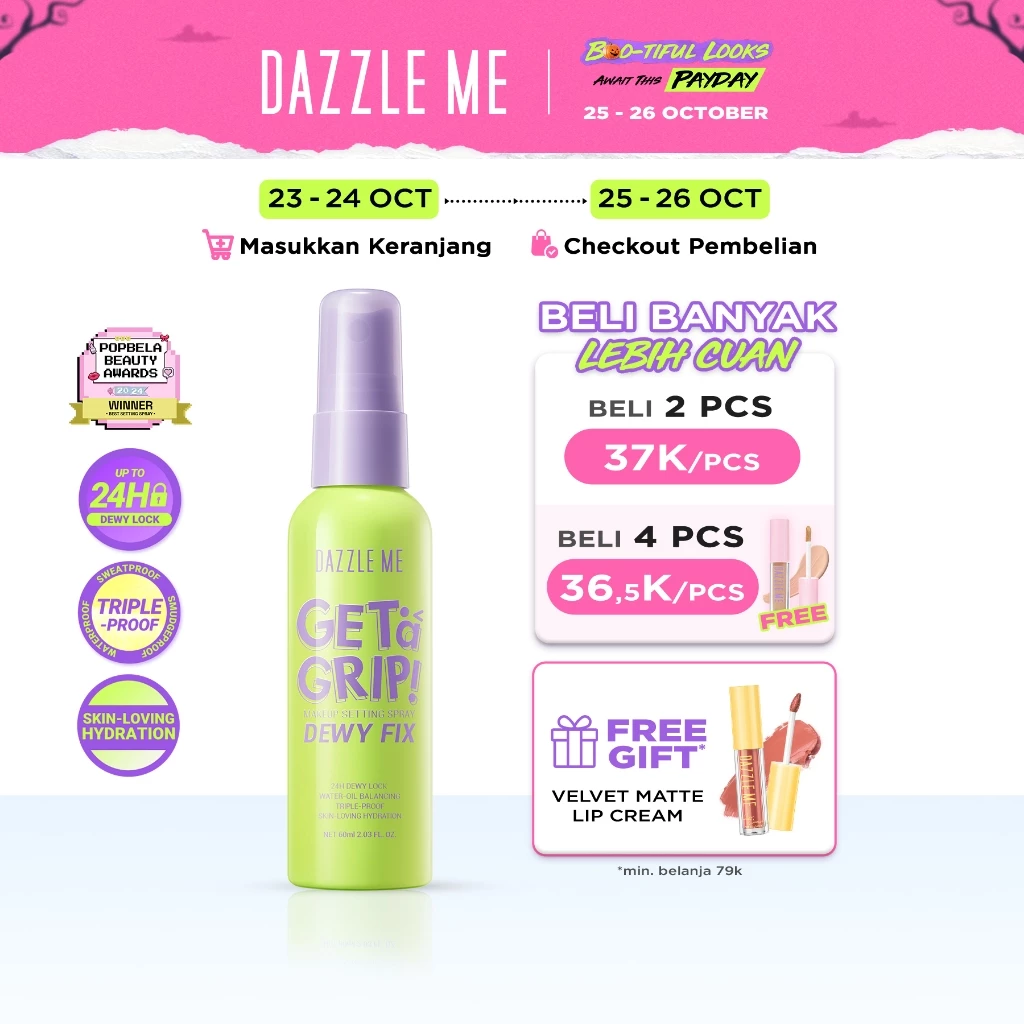 DAZZLE ME Get a Grip! Makeup Setting Spray Dewy Fix | Beauty Protecting 4 X Hydrating Makeup Mist Flawless Lightening Primer Water Tahan 24 JAM