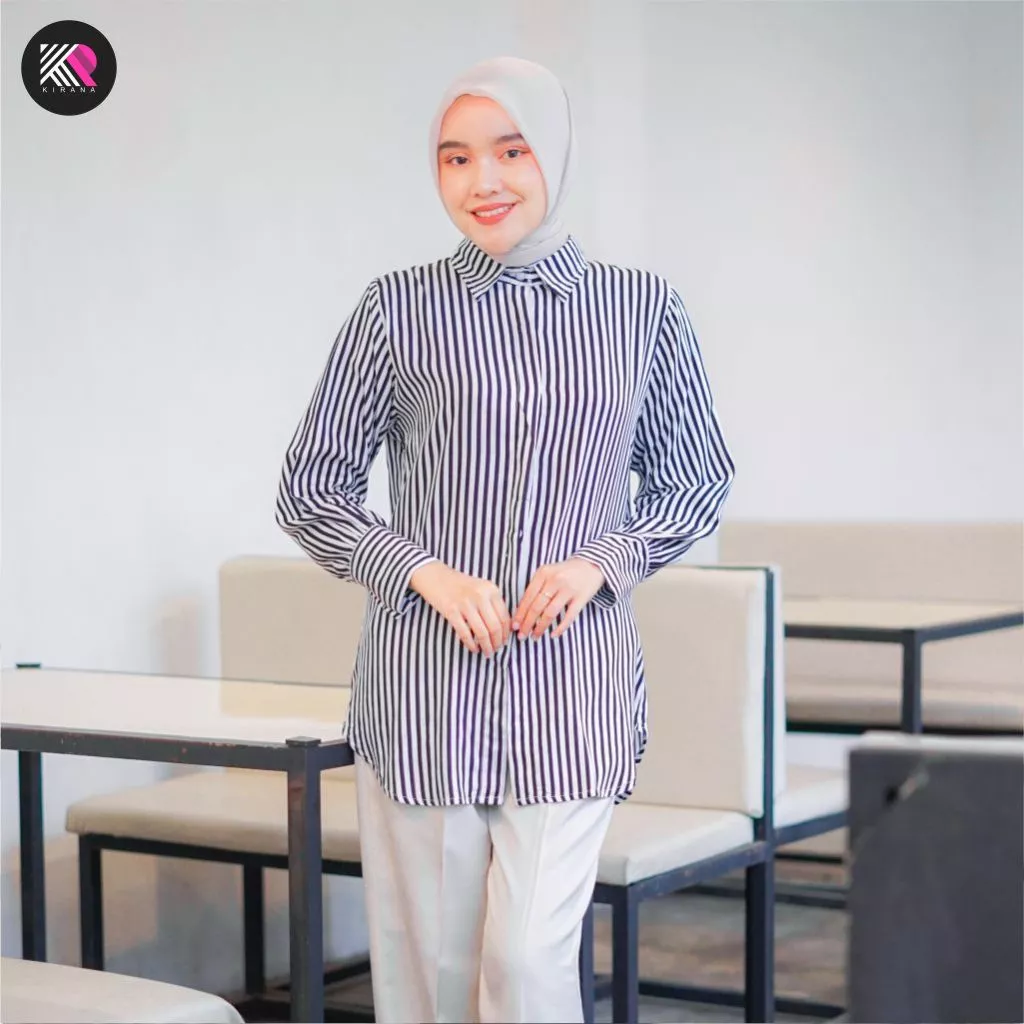 𝗞𝗜𝗥𝗔𝗡𝗔 Kemeja Salur Zora Kemeja Wanita Rayon Premium Setrip Salur Lengan Panjang