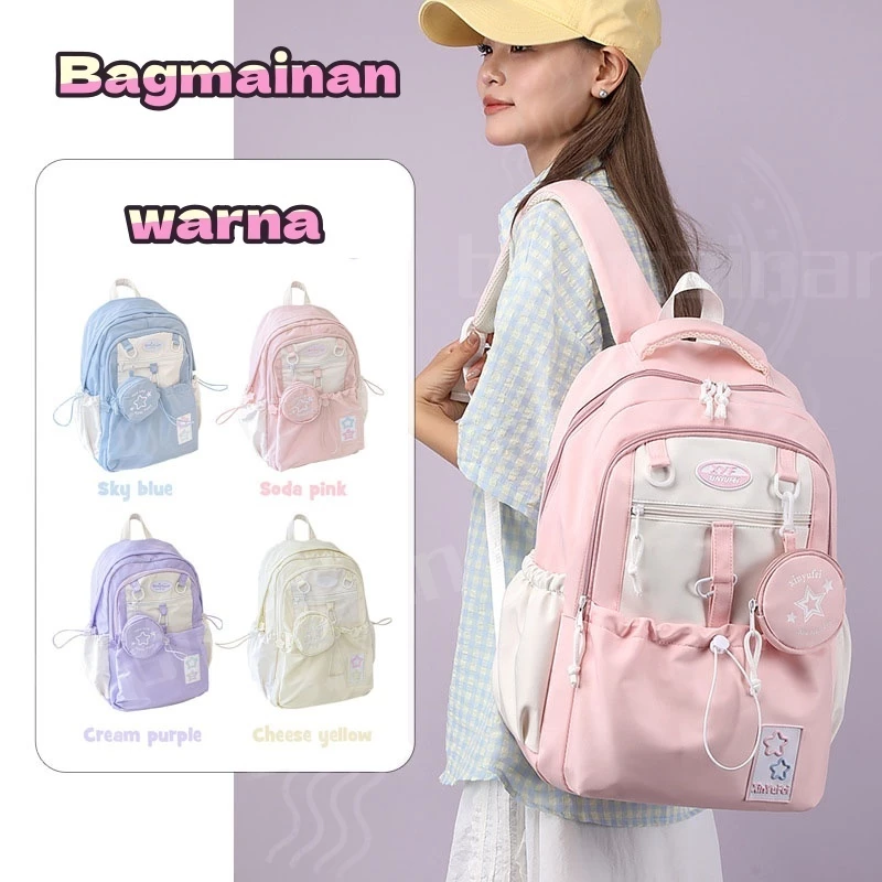 [ Liontin Gratis ] Tas Ransel Wanita Lucu Tas Ransel Serut Siswa Perempuan Volume Tinggi Tas Bahu Kapasitas Besar Korea Import Fashion Backpack Tas Bintang Sekolah Tas Ransel Sekolah Tas Ransel Sma Wanita Korea Backpack Pink Soft