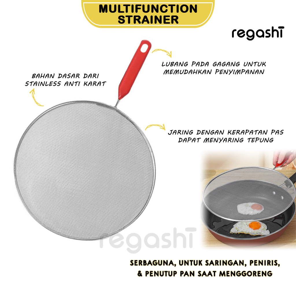 Regashi Multifunction Strainer | Pelindung Cipratan Minyak Berhandle | Peniris Pipih Serbaguna Tutup Panci Pengaman Penggorengan Penutup Percikan Jaring Stainless  Ukuran 25 cm 29 cm 33 cm Kitchen Tools  Peralatan Masak Rumah Tangga