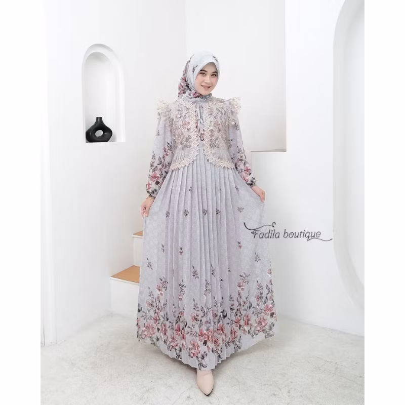 Qiana Dress Ceruty Printing Mix Burkat Tile Set Hijab Segi Empat