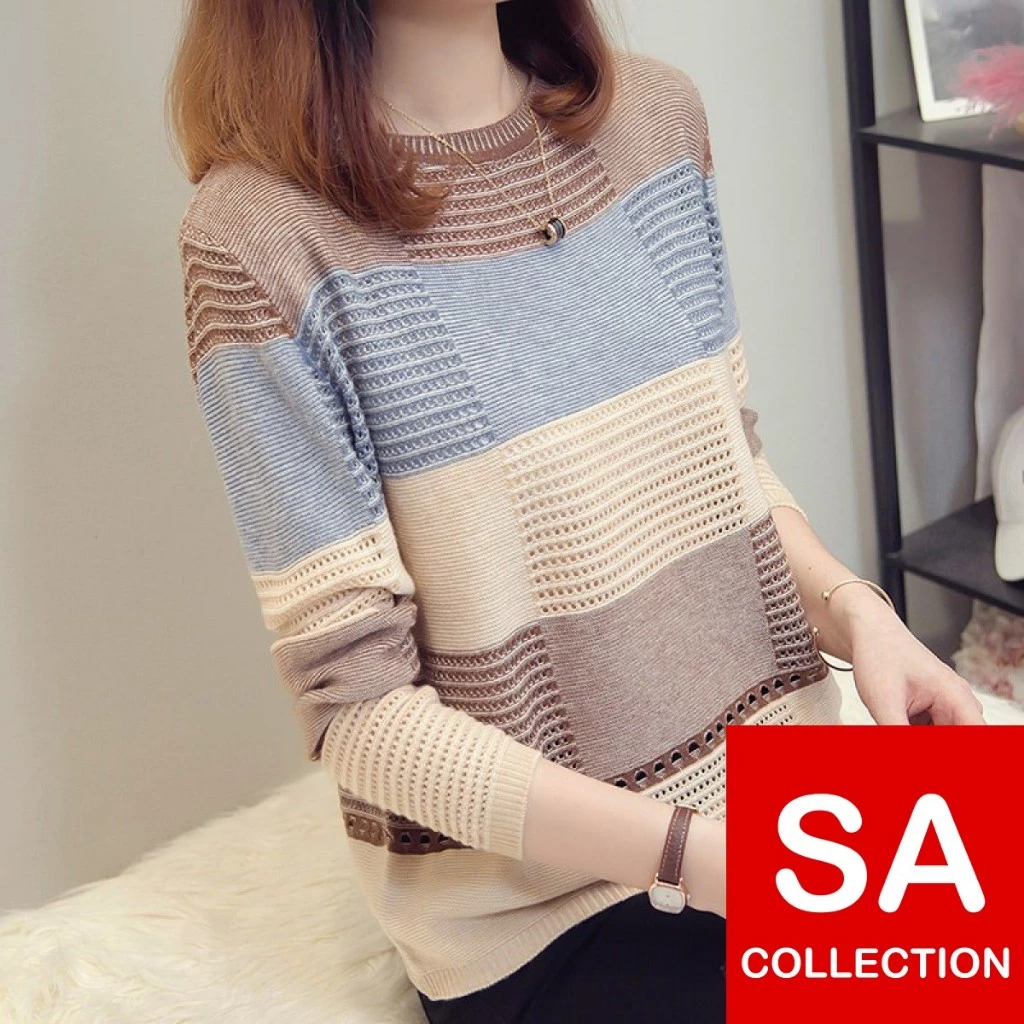 SAC - KN209 Top Knit Import Sweater - Atasan Wanita Rajut Jaring Import Stripes   Bahan  : Rajut Pre