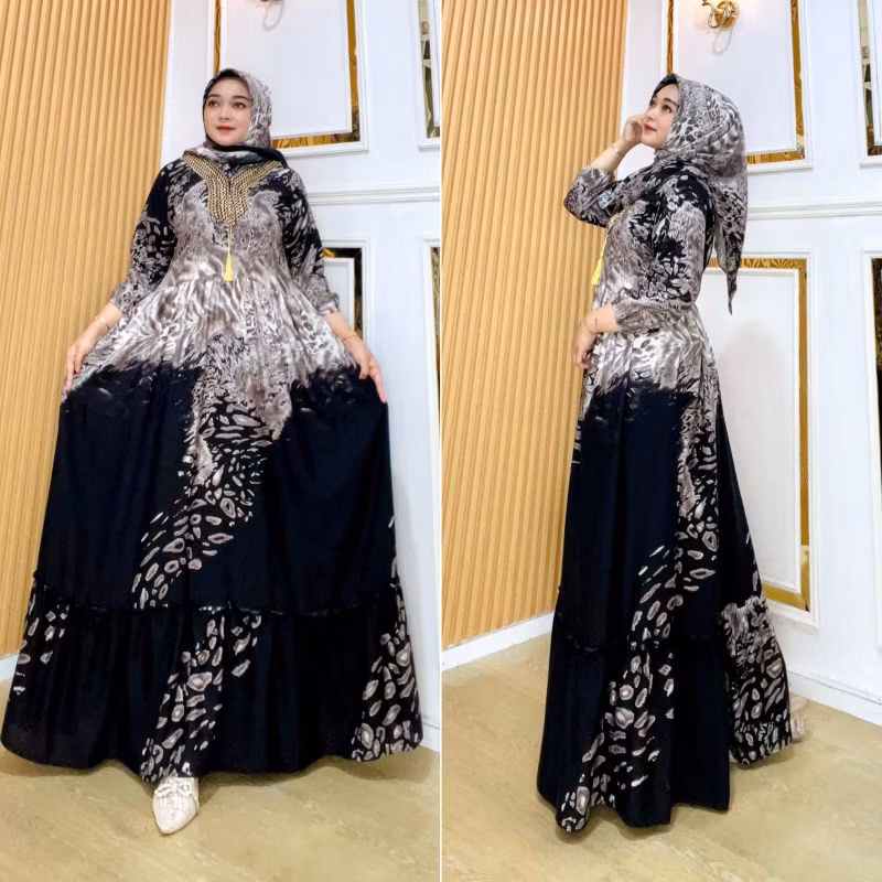 Gamis wanita macan Hitam renda free hijab katun rayon Ld 110 PB 137