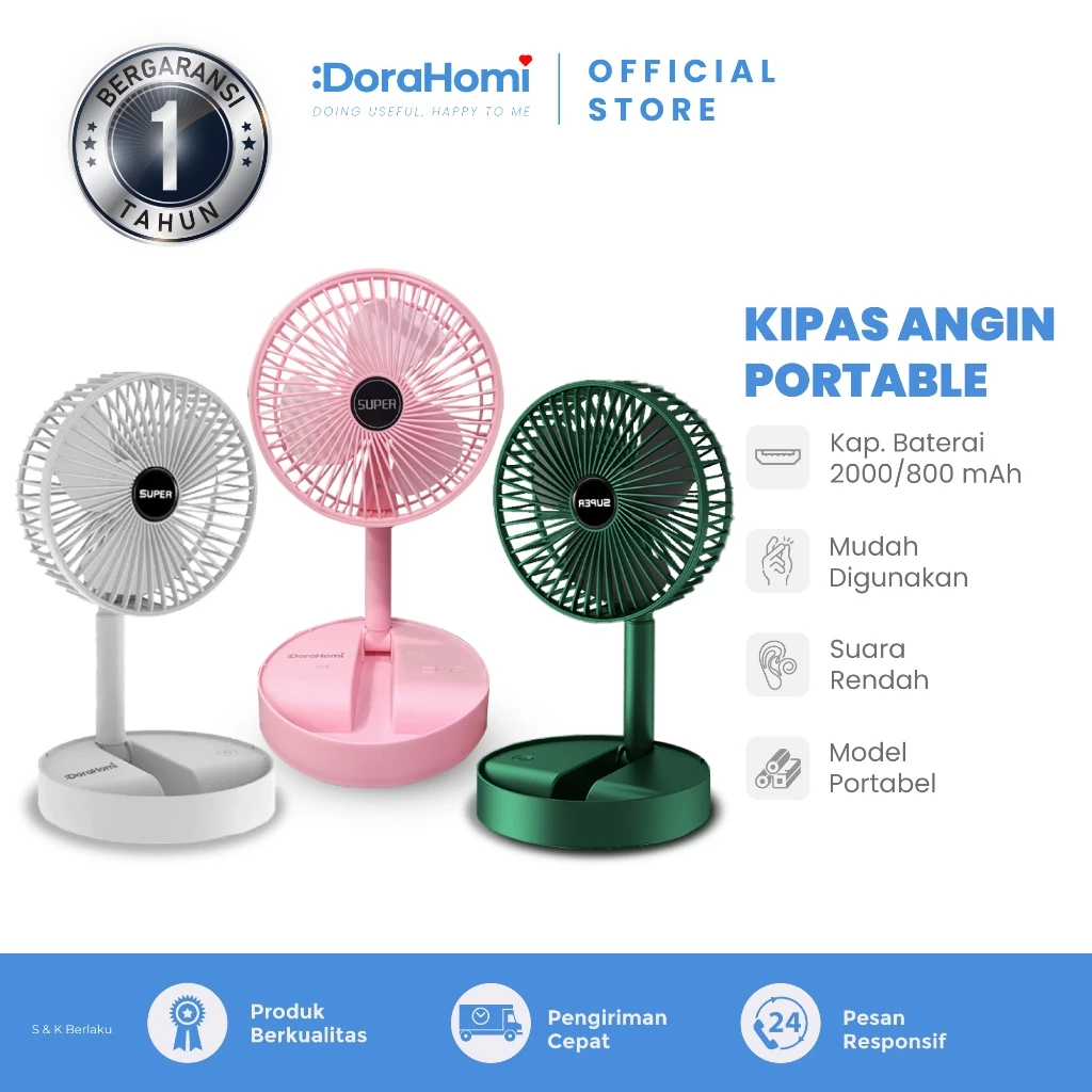 Dorahomi  Kipas Angin Meja Lipat Portable Berdiri Usb Cas Baterai 2000mAh Putar Naik Dan Turun 180° Cocok  untuk Kantor Perpustakaan Kamar Tidur
