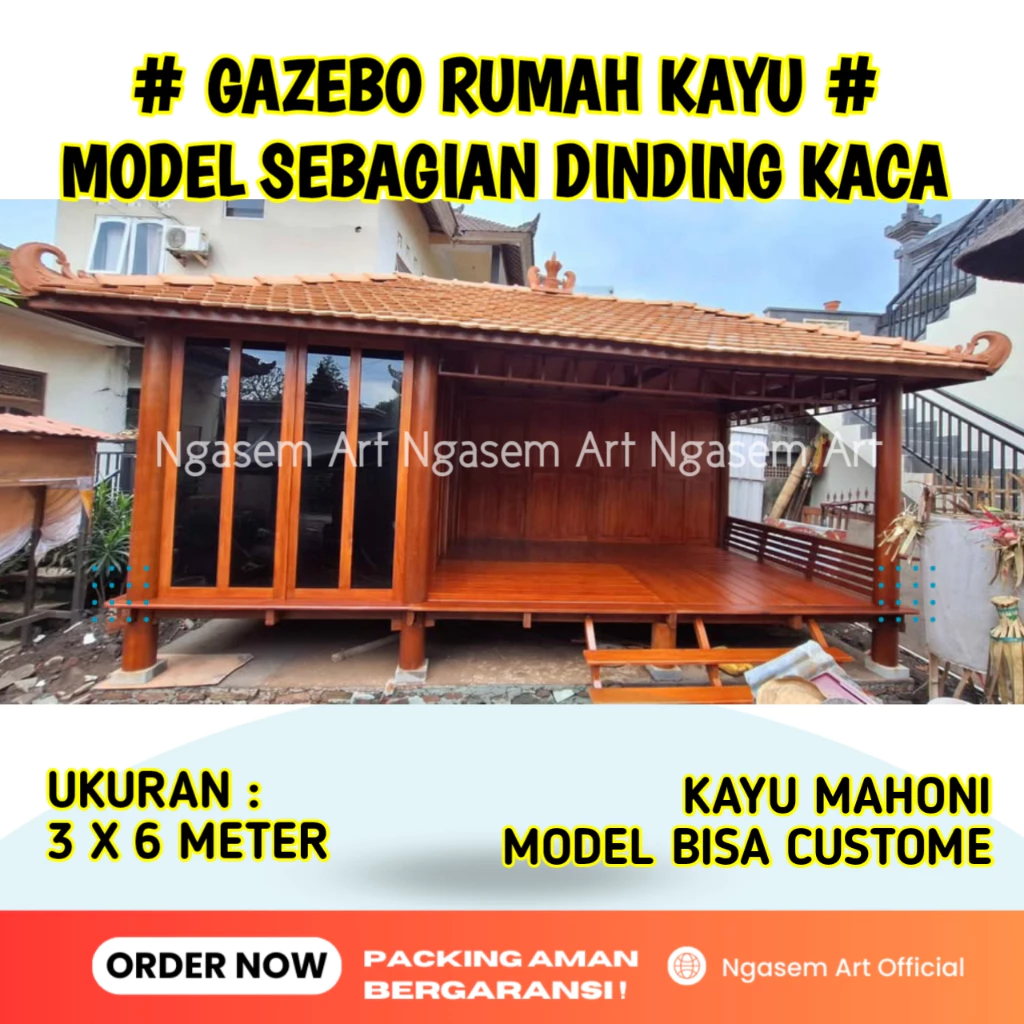 GASEBO KAYU SEPAROH DINDING KACA l GAZEBO TAMAN UKURAN BESAR