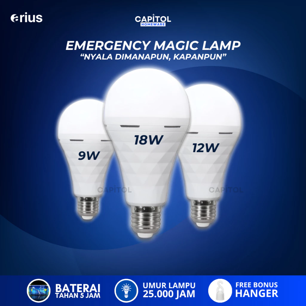 Capitol - Lampu LED Emergency Bohlam Bulb A Merek Arius 18W 12W 09W Putih Terang Tahan Lama