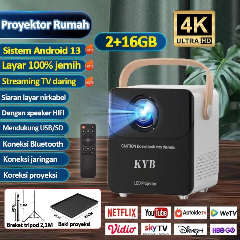 2025 KYB T2 LED Proyektor Mini Smart Proyektor Android TV 4K HD Proyektor Portable/Murah 9.0 Ram