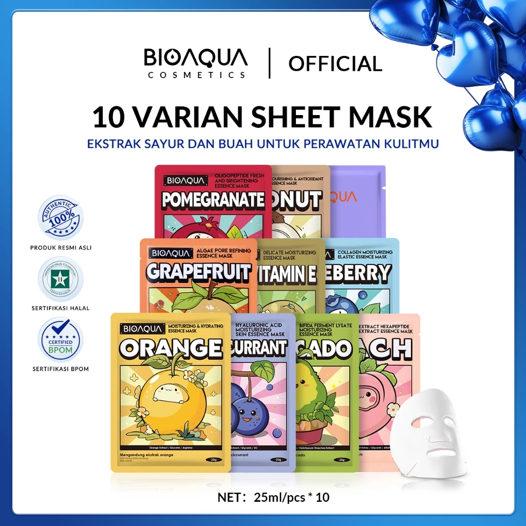 BPOM Bioaqua Cosmetics  sheet mask fruit 10pcs/12pcs/40pcs  masker wajah hydrating whiteing moisturizing Mask 25g