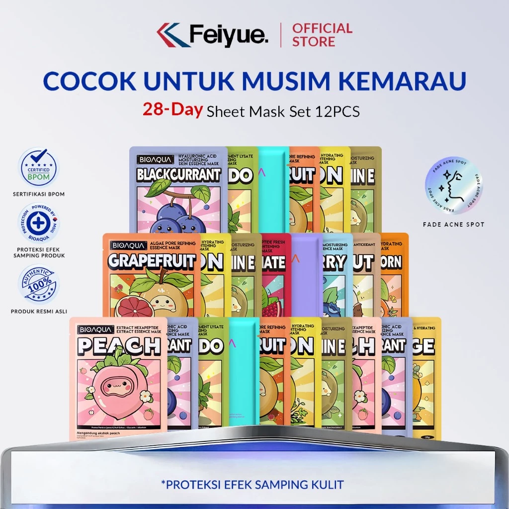 Feiyue x BIOAQUA Sheet Mask 12 pcs Brightening / Fade Acne Spot / Firming / Repair / Moisturizing Face Mask Masker Wajah