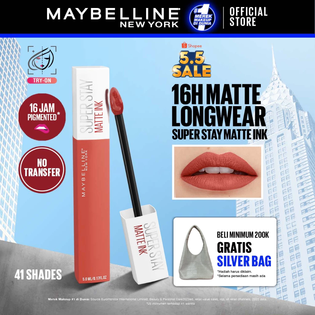 MAYBELLINE OFFICIAL Superstay Matte Ink Liquid Long Lasting Waterproof Matte Lipstick Lipcream Make Up Transferproof Tahan 16 Jam Lip Matte Lipstik Matte Lipstik
