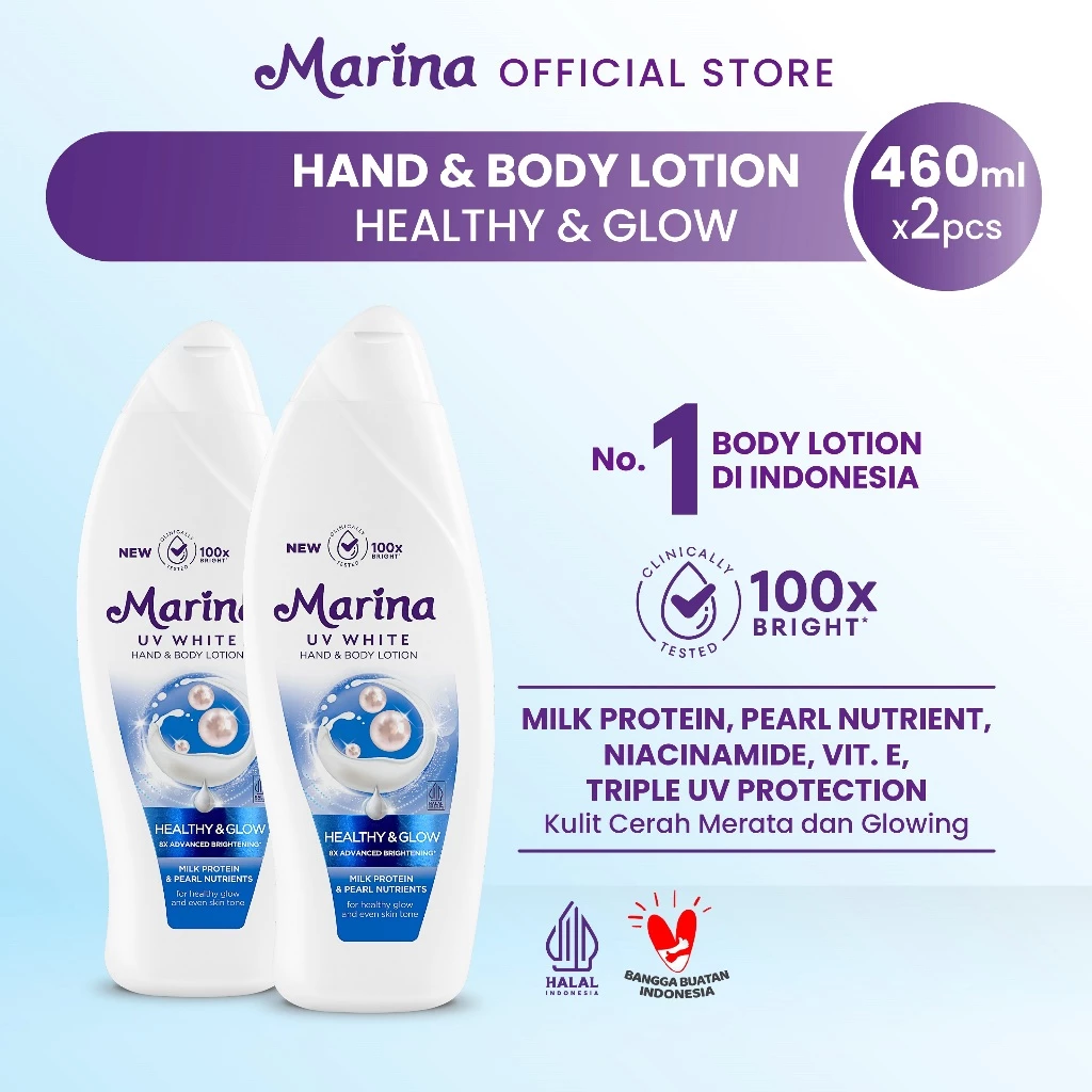 Marina Hand Body Lotion UV White - Healthy & Glow [460 ml / 2 pcs] - Exp : 09.2027