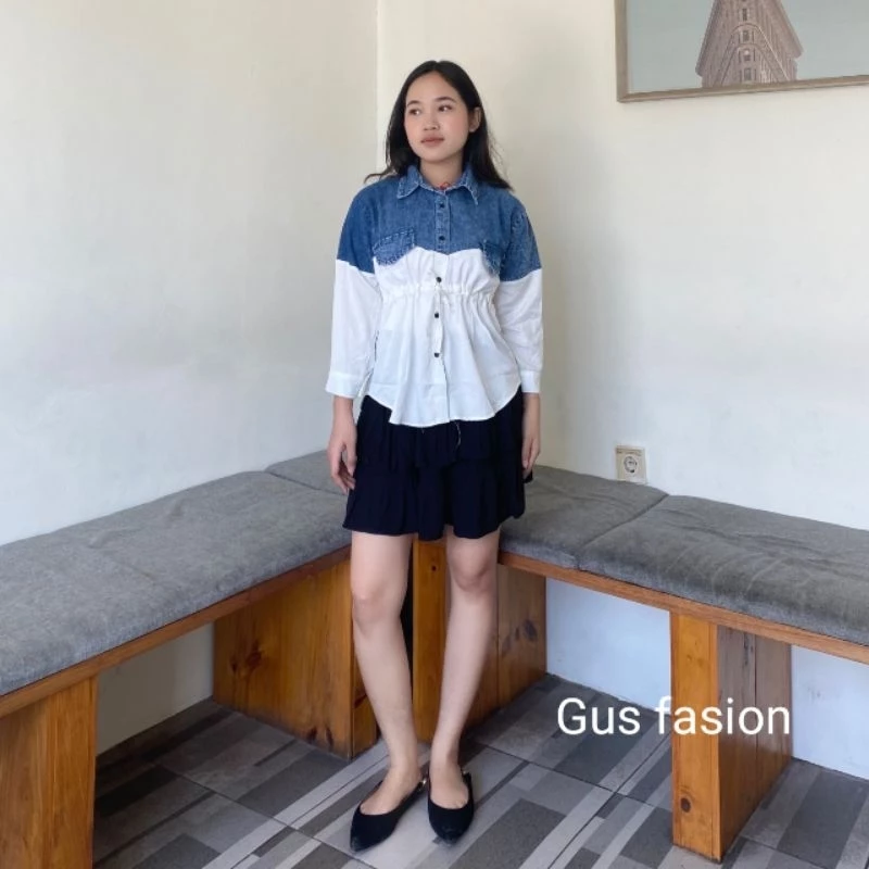 Capita kemeja kombinasi jeans mix rayon twill Atasan wanita
