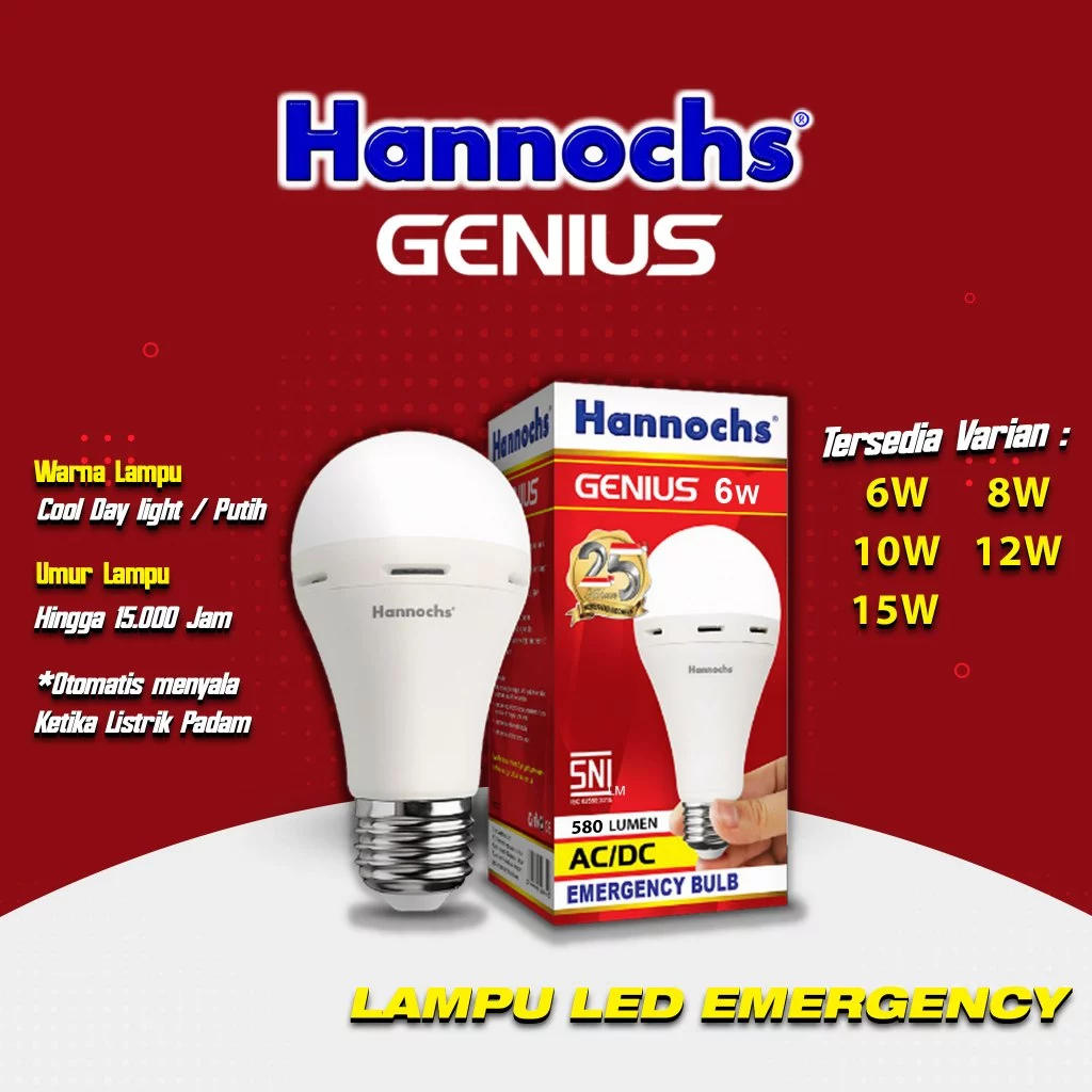 Bohlam Lampu Emergency LED Hannochs Genius 6W 8W 10W 12W 15W Cahaya Putih (CDL)