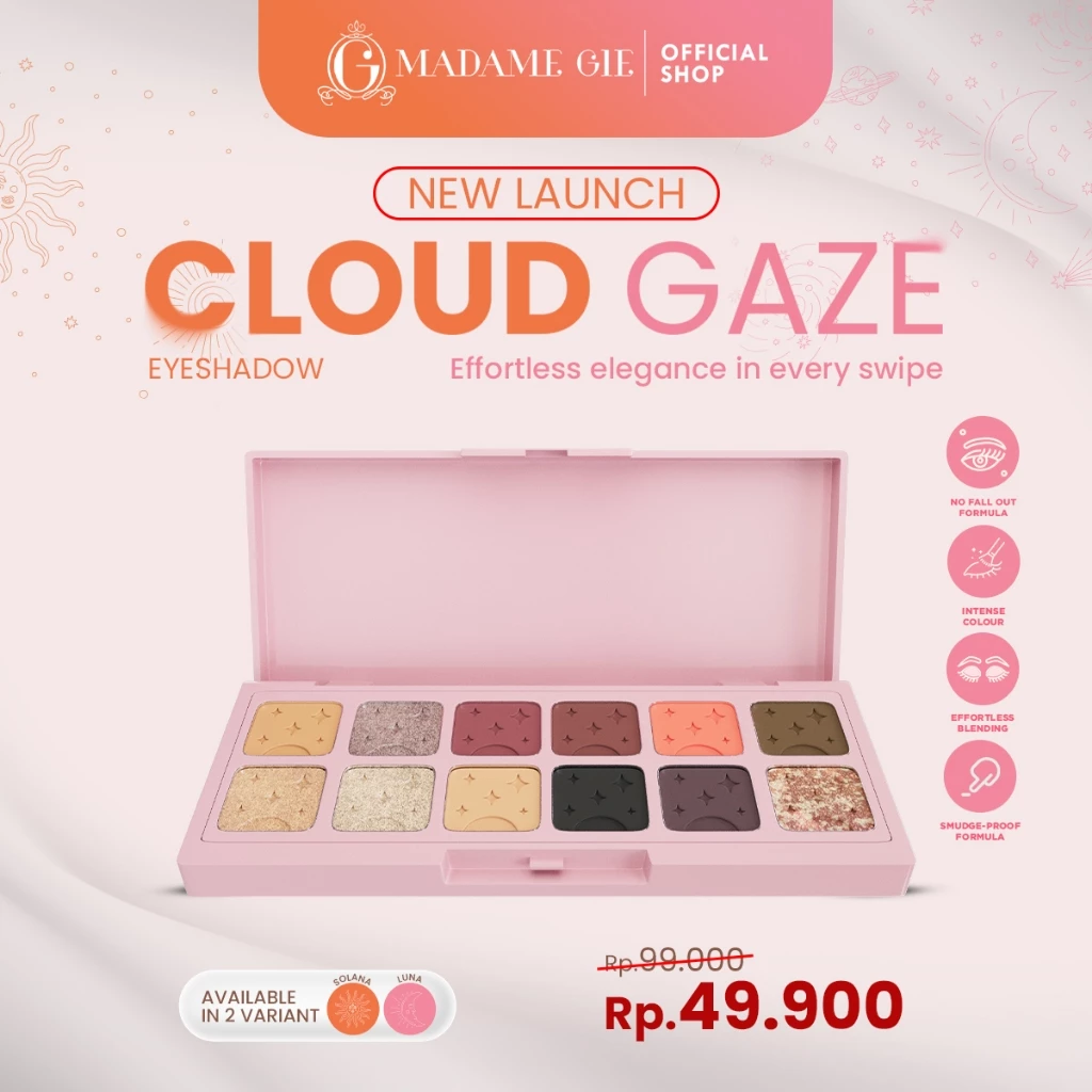 Madame Gie CloudGaze Eyeshadow Palette 12 Warna – Makeup Eyeshadow | No Fall Out Formula | Pigmented & Tahan Lama | Blendable