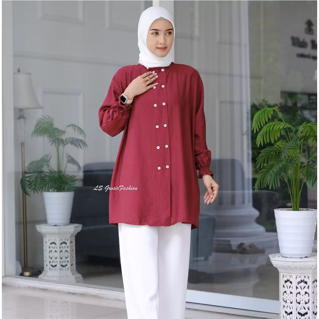 ARINA Tunik Polos Lengan Karet - Fashion Muslim Wanita Bahan Polo Linen Berkualitas