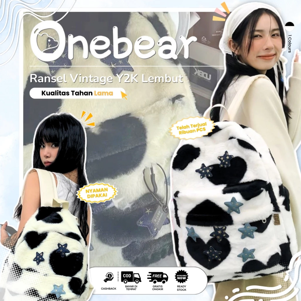 Onebear ready ransel y2k vintage wanita backpack lucu tas korean style ransel sekolah tas wanita tas ransel sekolah cewek Tas sekolah y2k aesthetic kuliah wanita import ransel vintage murah tas corak sapi Tas Sekolah lucu korea backpack QX152