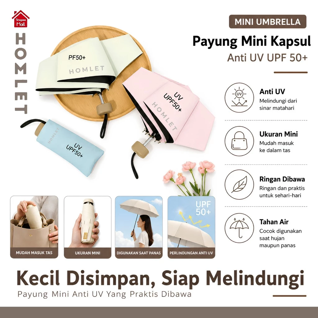 HOMLET - Payung Lipat Mini Anti UV Bonus Sleeve Payung Lipat Kapsul Free Pouch Folding Umbrela Anti UV Free Sarung