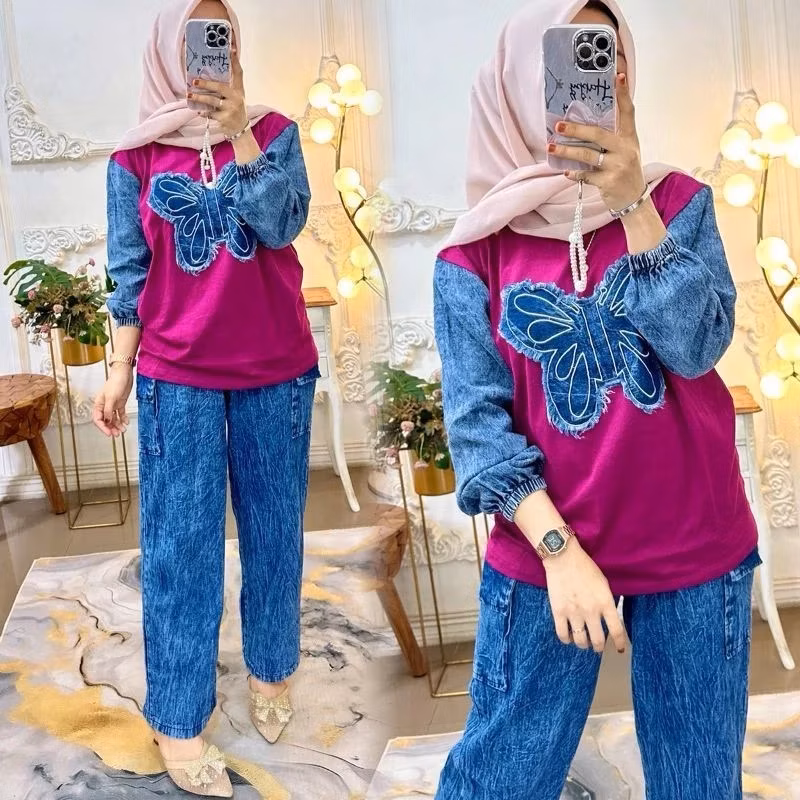 Setelan Nabila Kekinian One Set Terbaru Viral Modis Simple Elegan Setelan Jenas Kupu-kupu