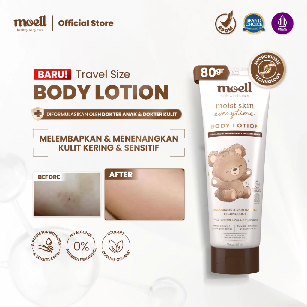 [Baru] Moell Body Lotion Bayi Travel Size 80gr - Melembapkan Kulit Badan Anak - Perawatan Kulit Kering dan Sensitif - Pelembap Bayi Anak Daily Use - Sensitif Kering Ruam - Skincare Bayi Formulasi Dokter dengan Microbiome Teknologi - Skincare Anak