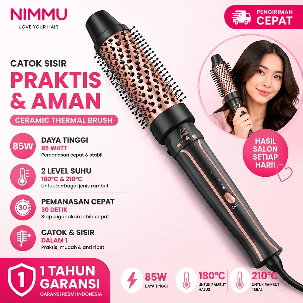 Nimmu catok thermal brush hot brush iron 2 in 1 sisir blow rambut 85w low watt catokan rambut curly