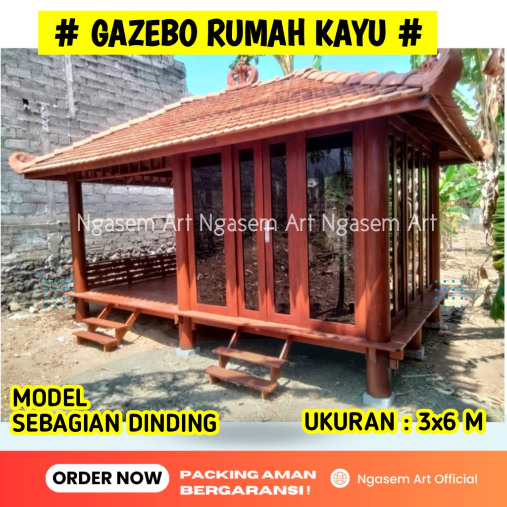 Rumah Kayu Bongkar Pasang l Gasebo Sekat Dinding Kaca Ukuran 3 Meter X 6 Meter
