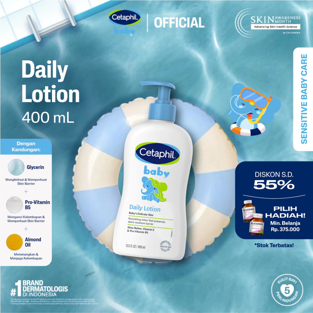 Cetaphil Baby Daily Lotion 400ml dengan Sunflower Seed Oil dan Shea Butter untuk Pelembap & Perawatan Kulit Bayi