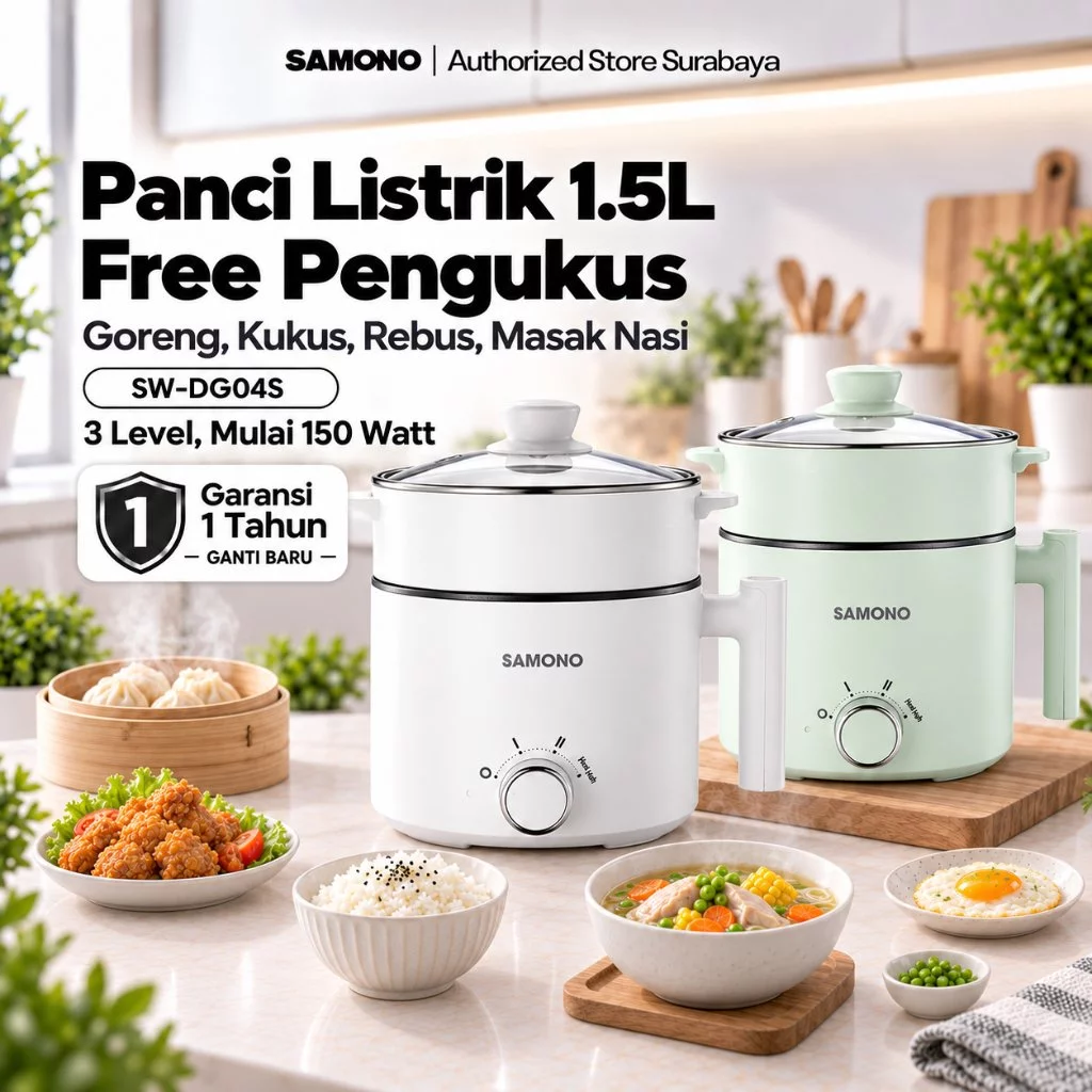 SAMONO Panci Listrik 1.5L Pengukus Stainless dengan Penutup Anti Lengket SW-DG04S Hotpot Electric Multifungsi Low Watt