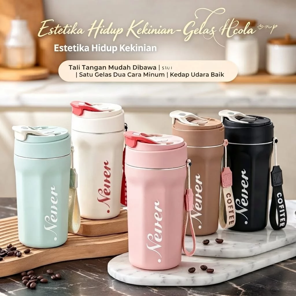 Coffee Cup NEVER Gelas Tumbler Kaca Mug Coffee Travel Cup Tempat Minum 400ML