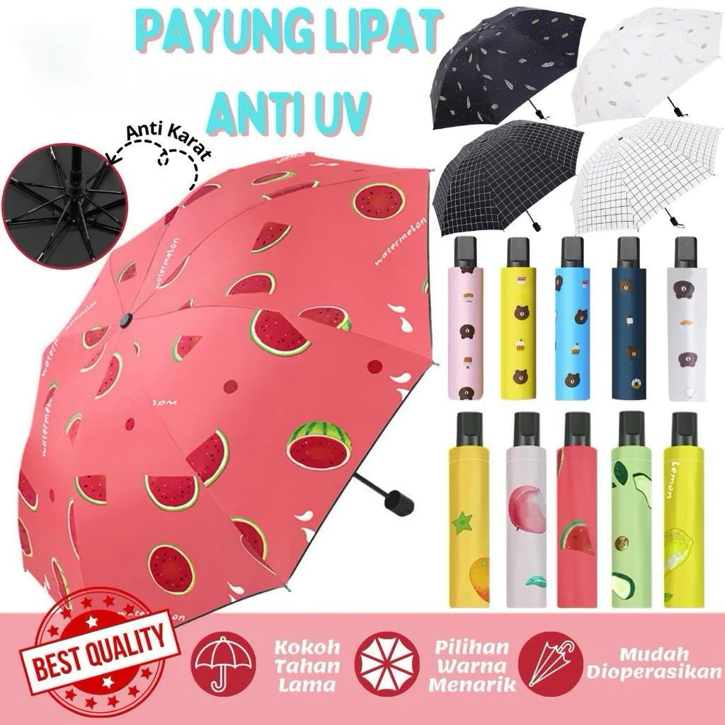 Payung KOREAN STYLE Lipat Buka Tutup Anti UV Lapisan Hitam Warna Pastel Umbrella Korean Style Fruity Buah