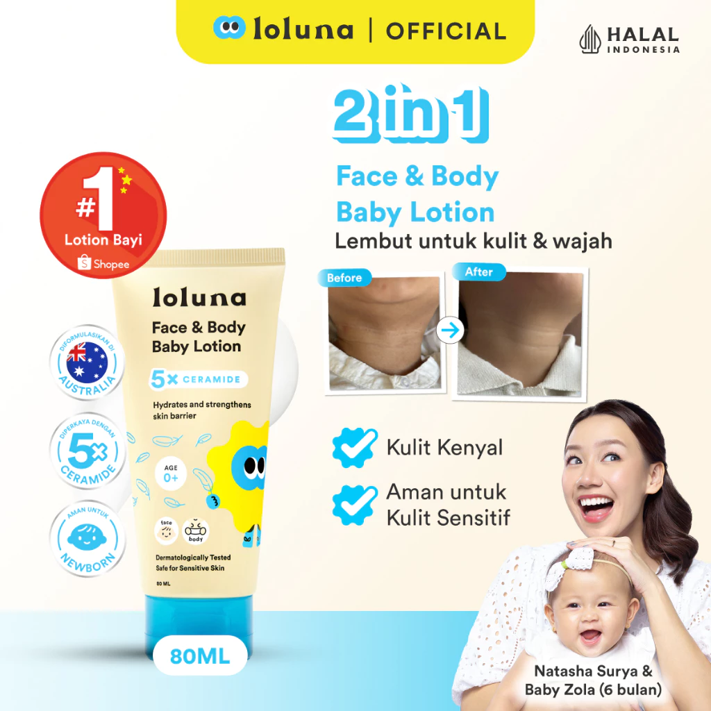 LOLUNA Face & Body Baby Lotion 80ml - Lotion Krim Muka dan Badan Bayi dan Anak/ Krim untuk Newborn/ 5x Ceramide/ Melembapkan Kulit Wajah & Badan/ Perawatan Kulit Kering dan Sensitif Bayi