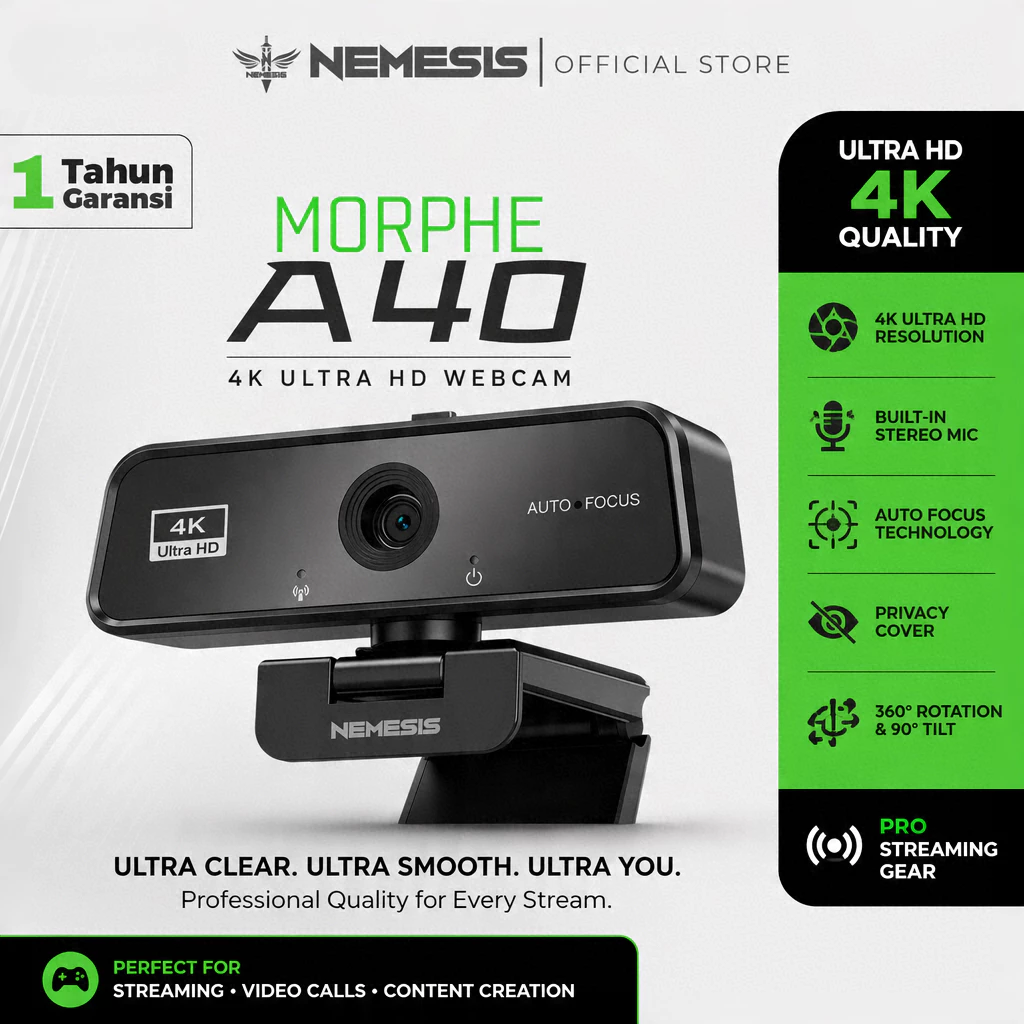 NEMESIS A40 MORPHE Webcam Gaming 4K Ultra HD Auto Focus and Privacy Protection - Streaming Camera for PC Laptop