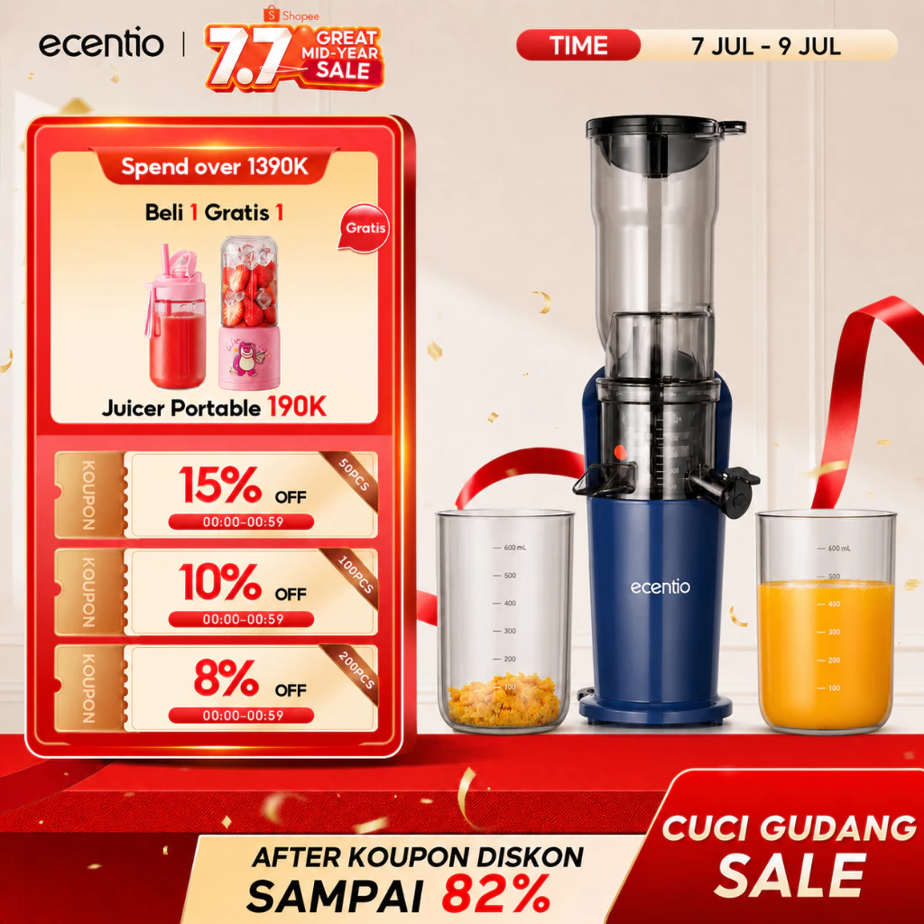ecentio Slow Juicer Low Watt Cold Press Easy Juice Filter-Free Easy Clean 82mm Extra Big Mouth 150W Low Watt Tanpa Potong Buah Multifungsi Juicer Food Grade Aman Untuk MPASI 1 Tahun Garansi