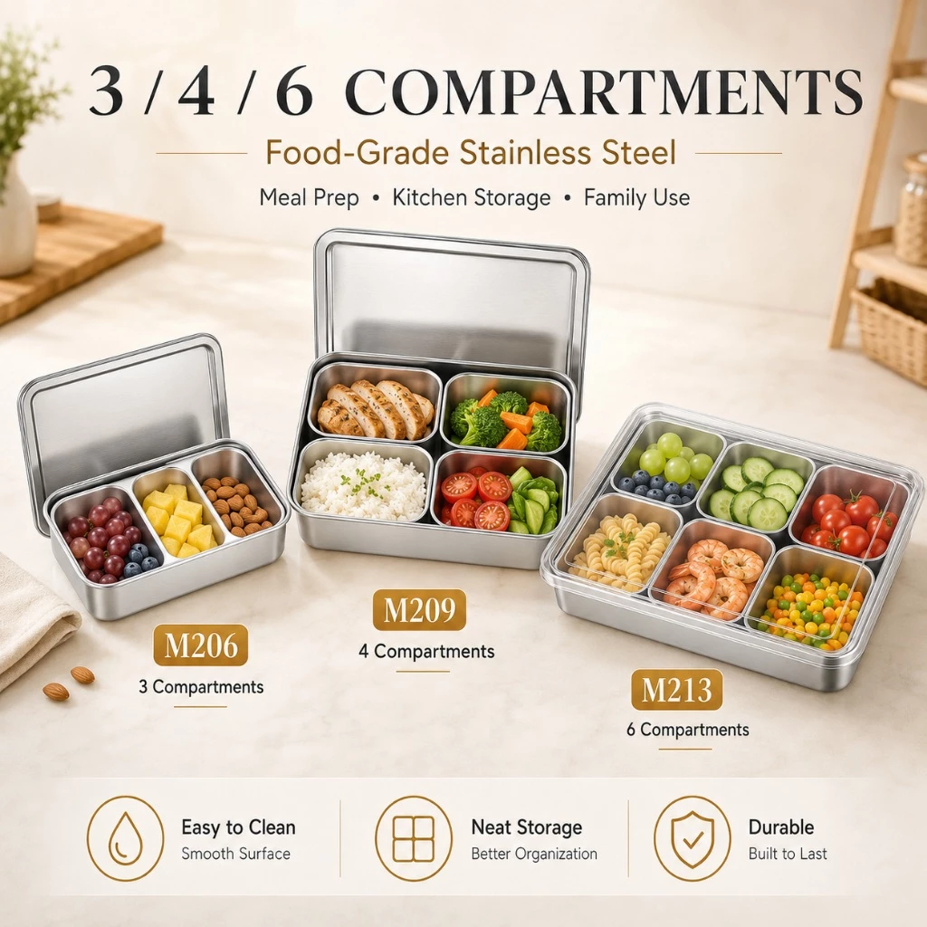 Kotak Makan Stainless Steel 1/3/4/6 Sekat Dengan Tutup Wadah Meal Prep